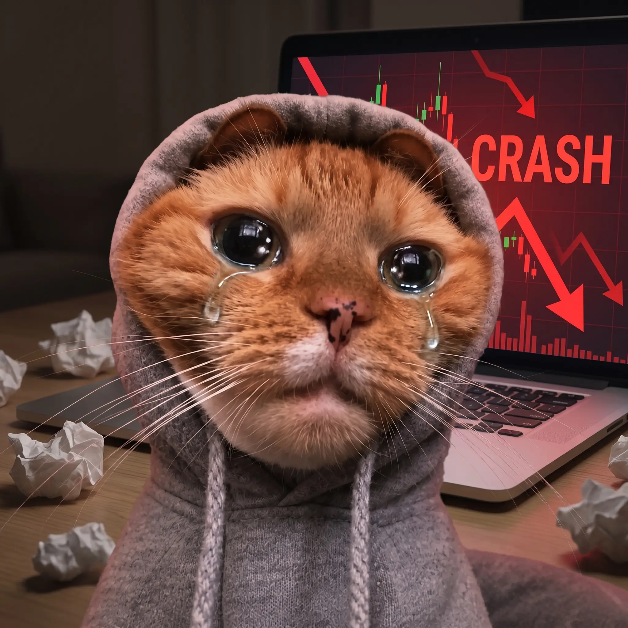 Hoodcat crying in front of a red chart