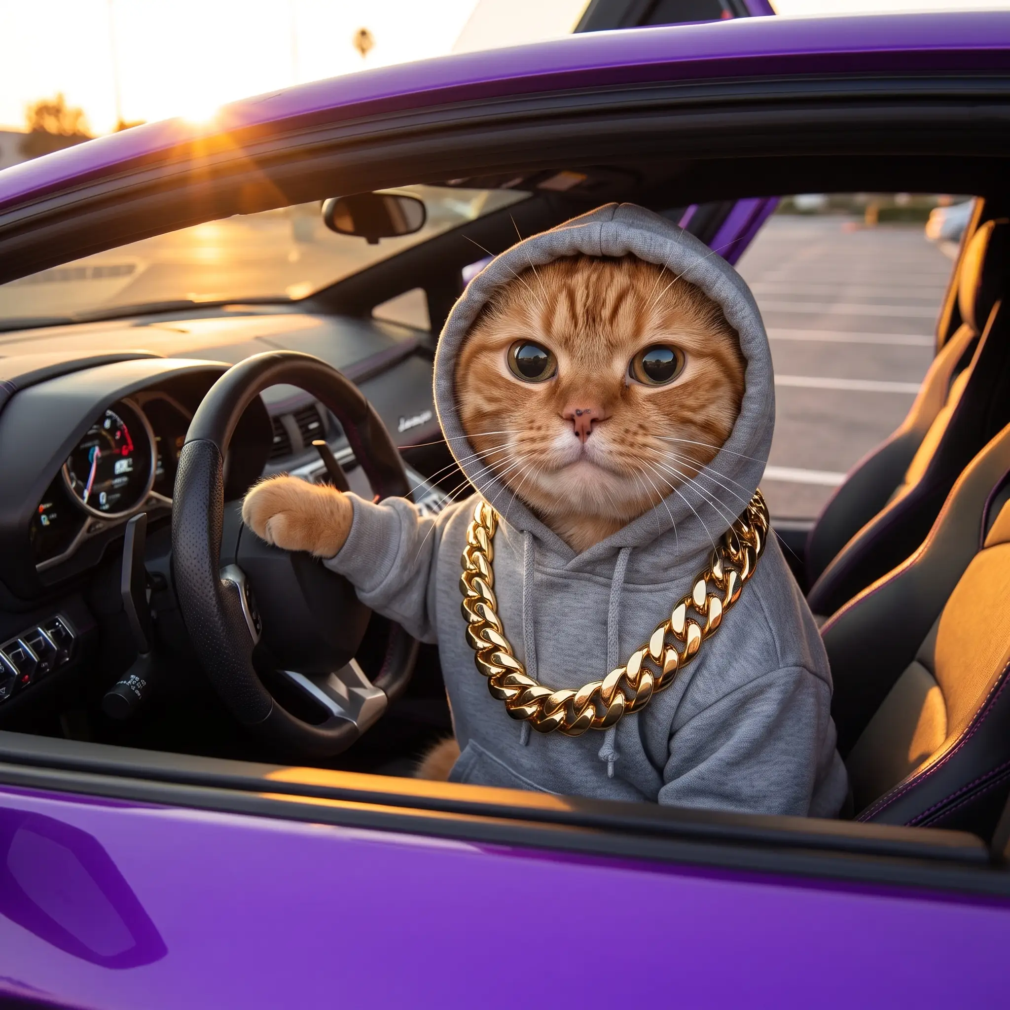 Hoodcat at the wheel of a purple Lamborghini