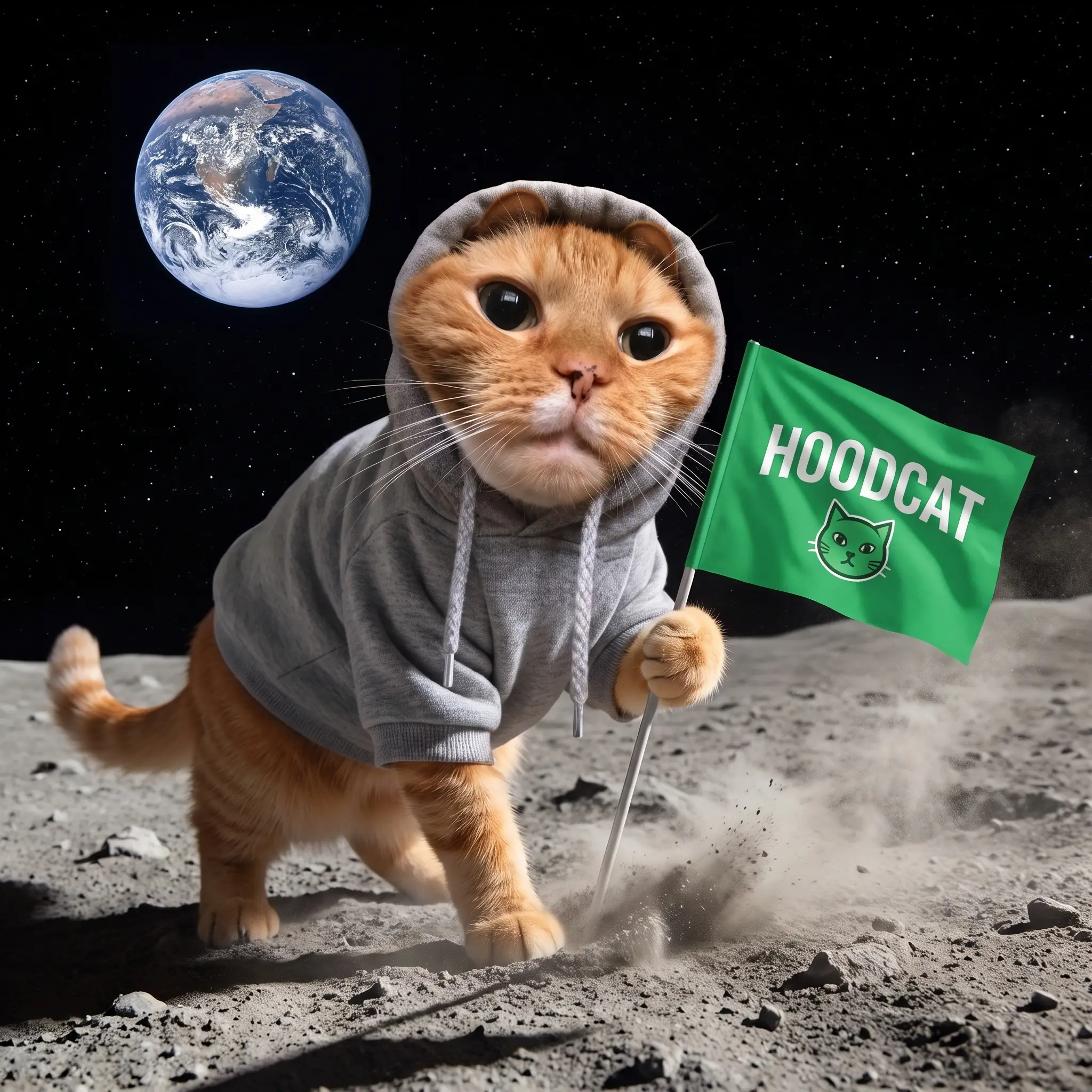 Hoodcat planting a HOODCAT flag on the moon