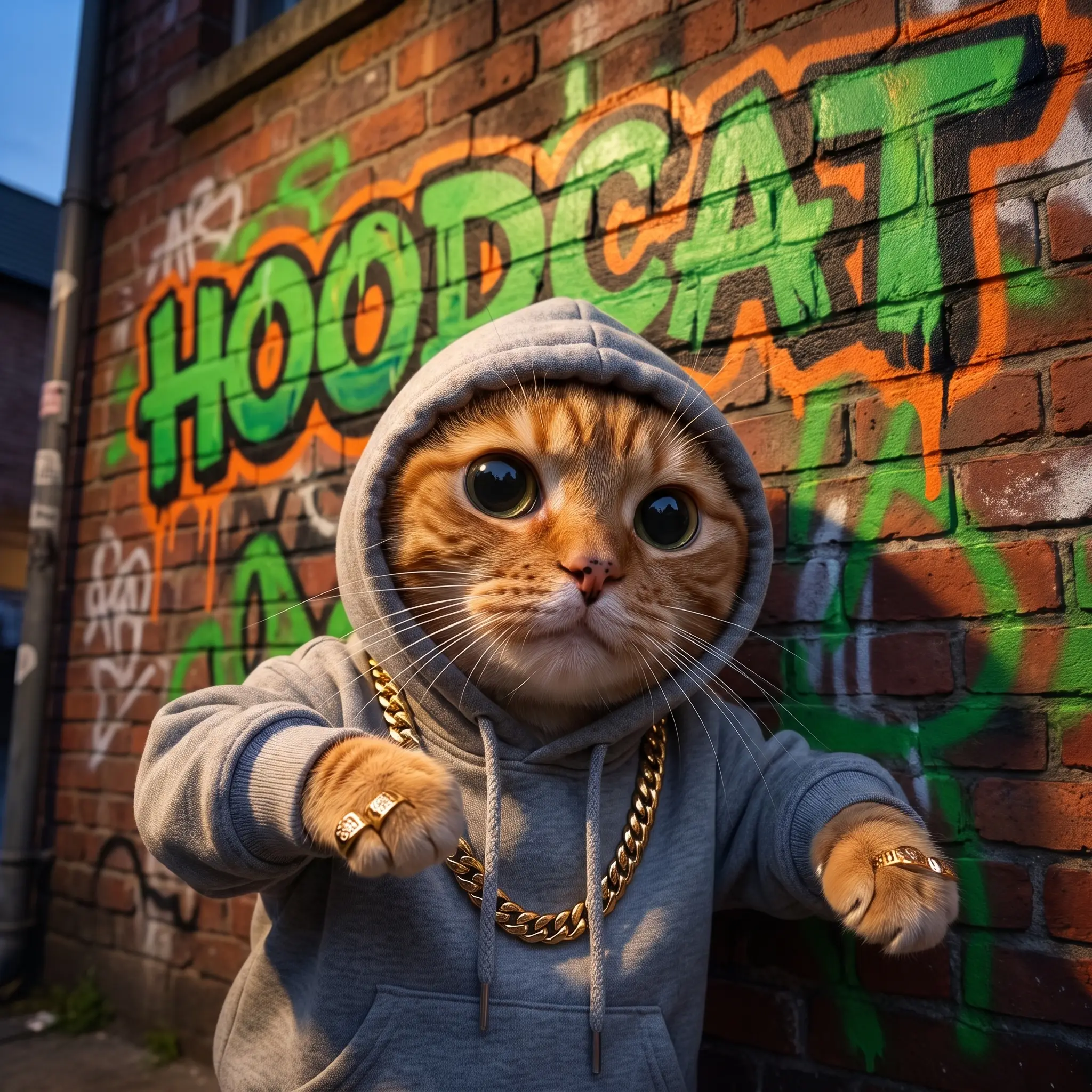 Hoodcat posing like a rapper in front of a HOODCAT graffiti wall