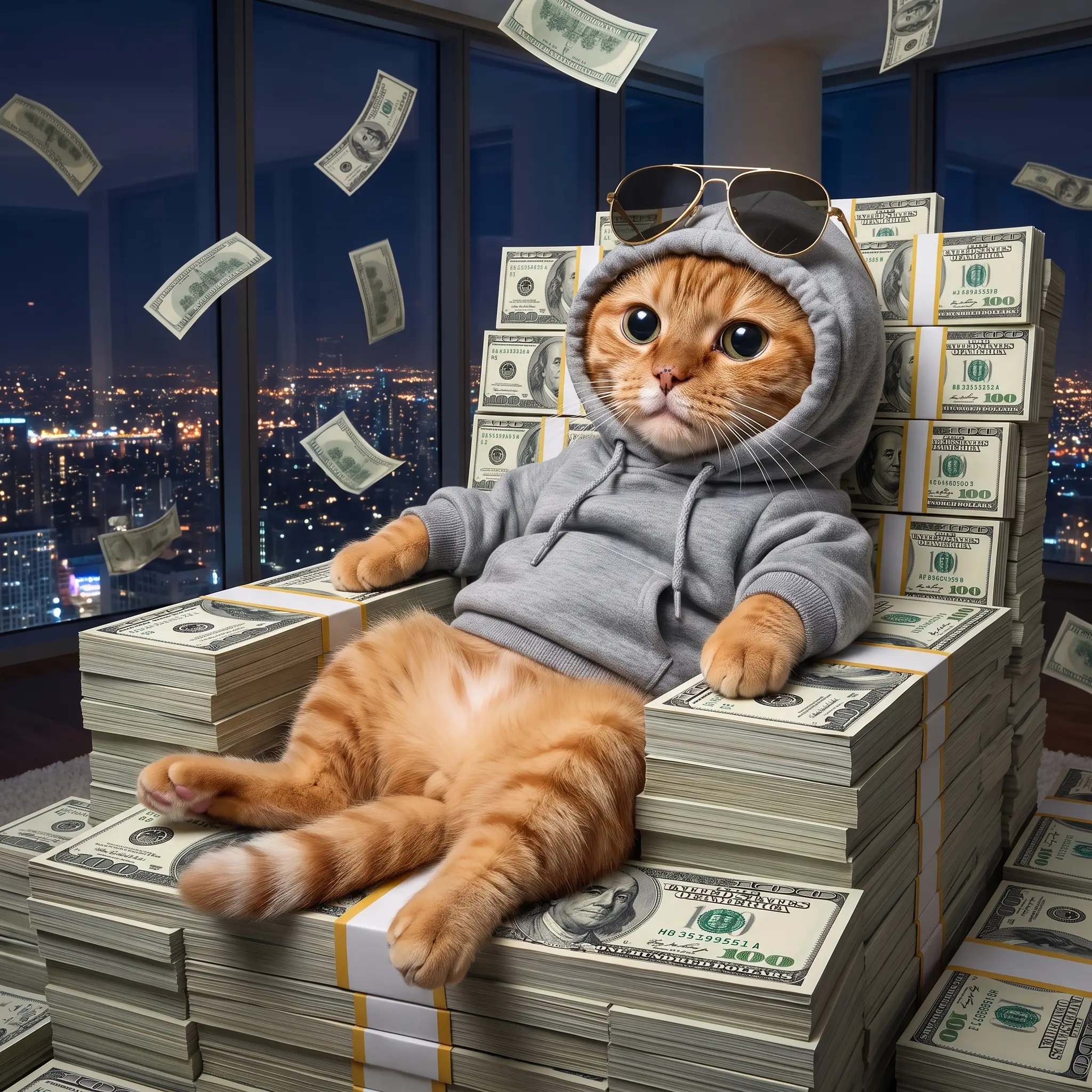 Hoodcat on a throne made of cash