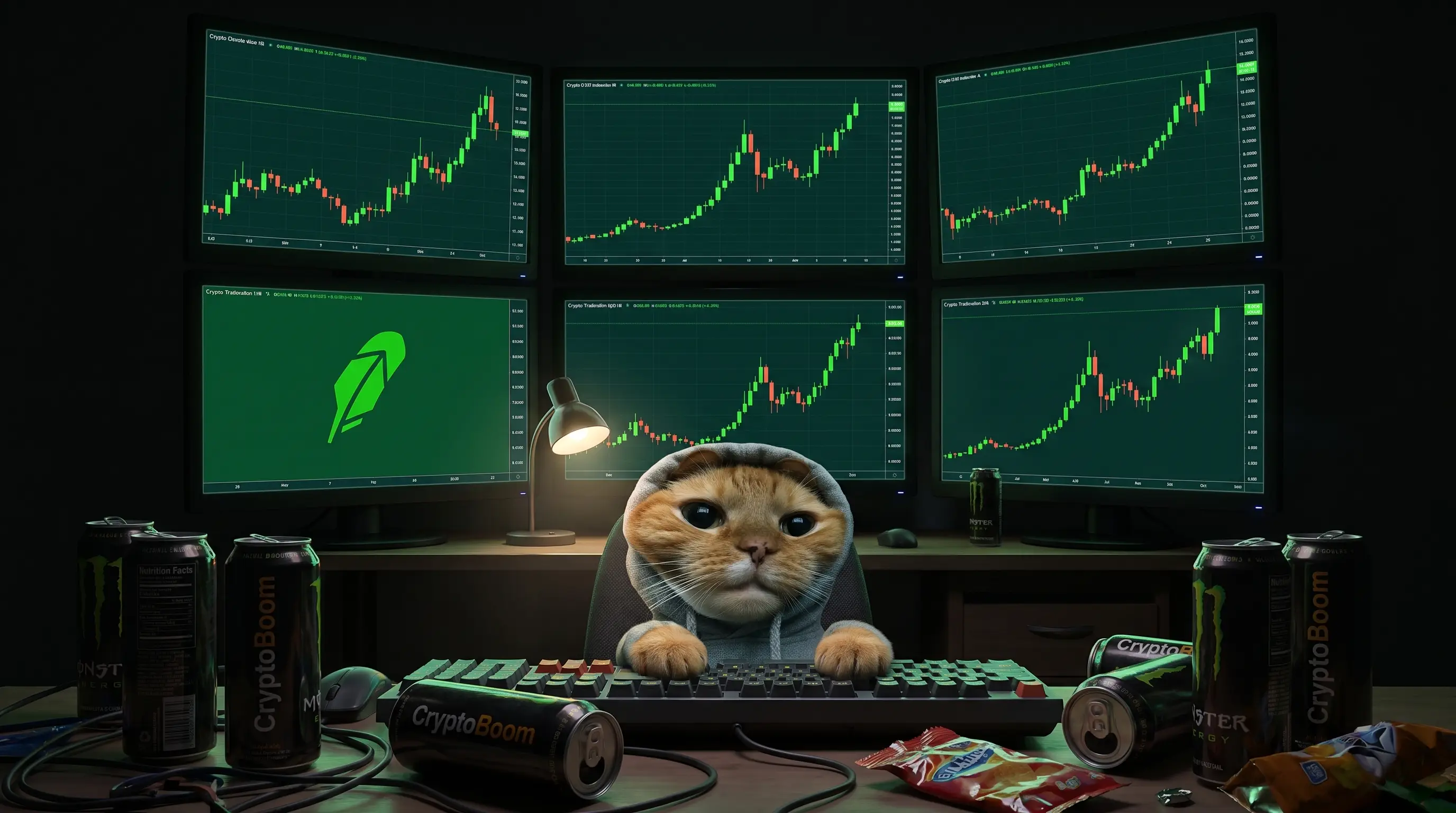 Hoodcat trading in front of six monitors full of green charts
